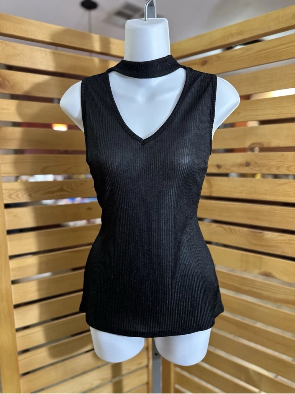 Candie's Black Ribbed V-Neck Tank with Choker Neck